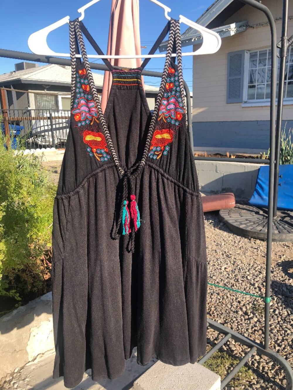 Free People Lovers Cove Embroidered Halter Mini Dress Black Boho Tassel, Size S